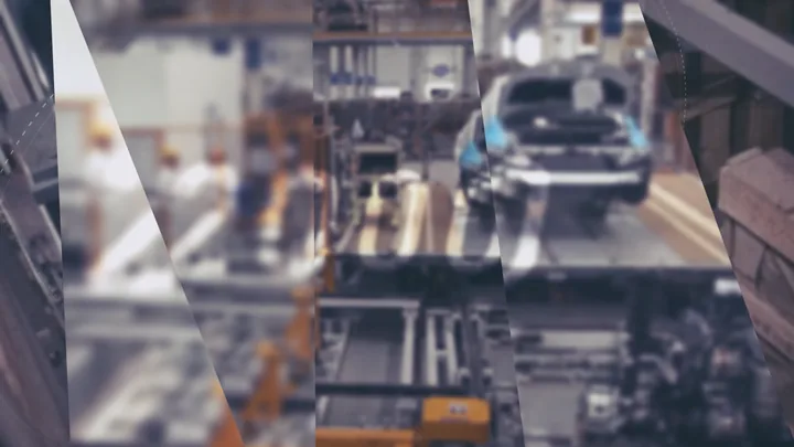 Today's car assembly line, composited in angled panels