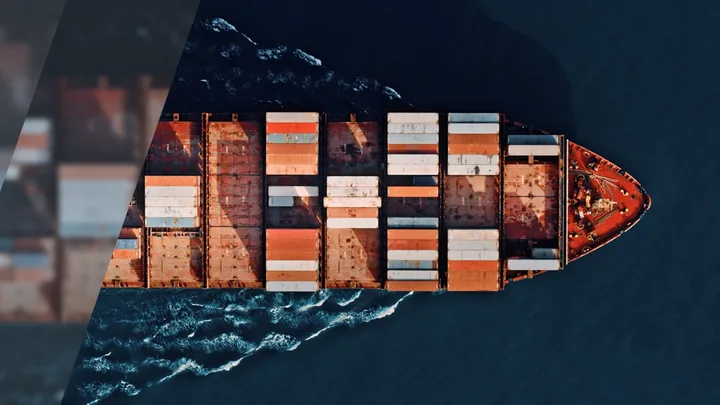 A container ship from above, cut into an angled panel