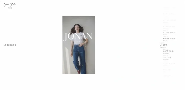 Look 13 “Lie Low” at rest — a portrait still on the white page, the look list down the right