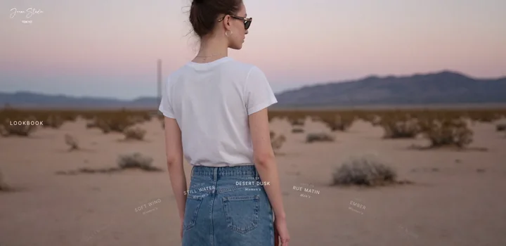 Look 08 “Desert Dusk” — white tee and denim skirt in the desert at dusk
