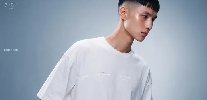 Look 05 “Clean Slate” — oversized white tee against grey-blue