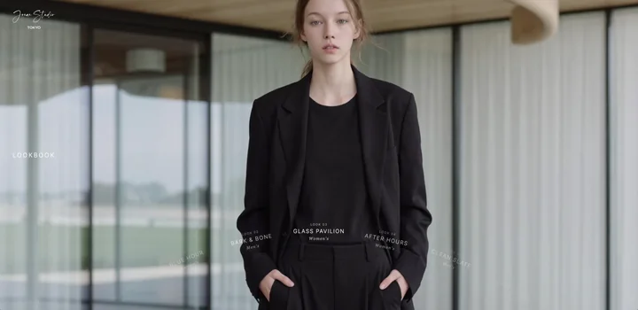 Look 03 “Glass Pavilion” — black suit in a glass pavilion