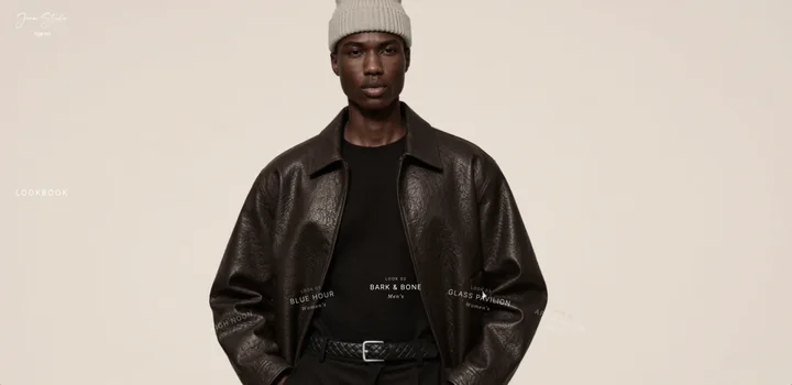 Look 02 “Bark & Bone” — textured leather jacket and grey beanie