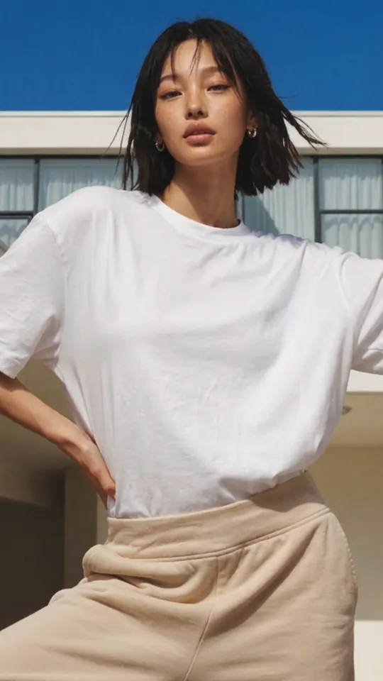 A model in a white tee against a modern building and blue sky