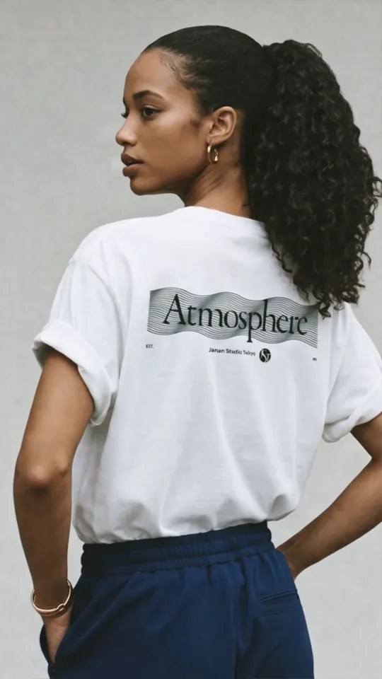 A model from behind in a white “Atmosphere” tee