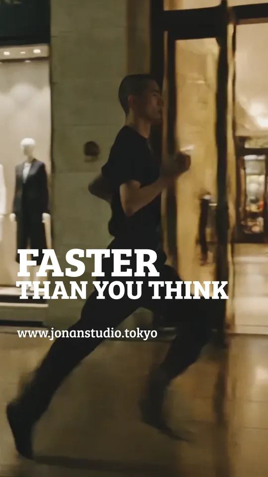 A man rushing past shop windows — “FASTER THAN YOU THINK”