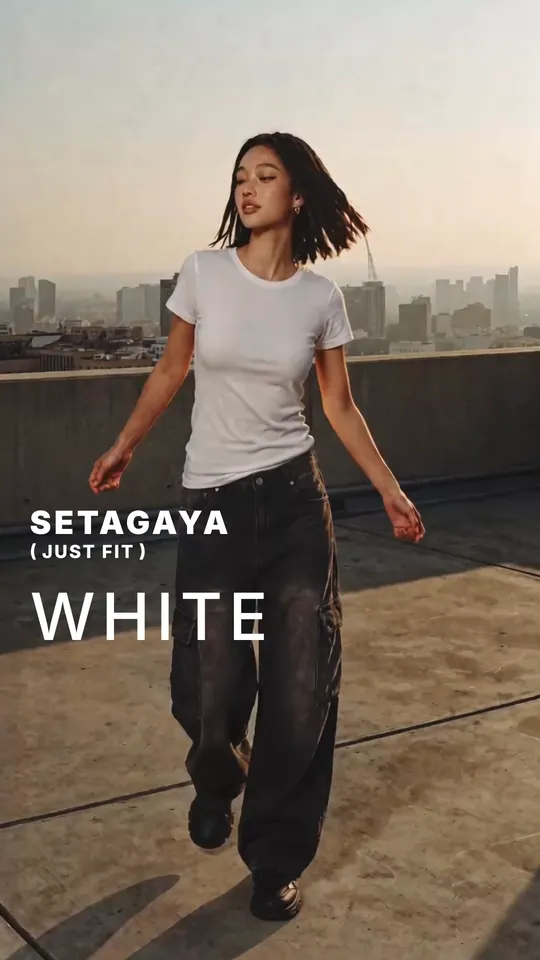 A model on a rooftop at dusk — “SETAGAYA (JUST FIT) WHITE”