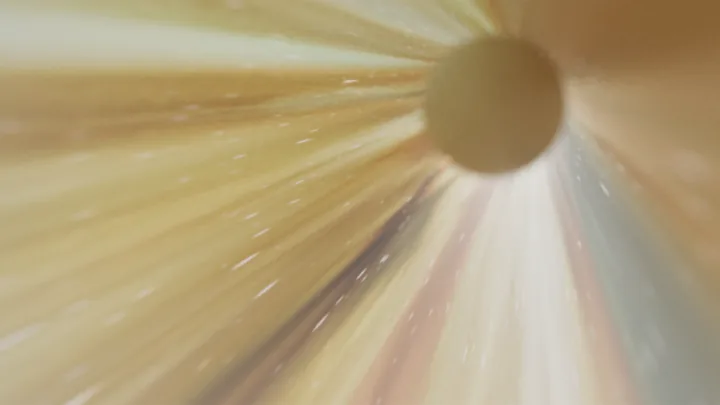 A sphere flying through streaks of warm light