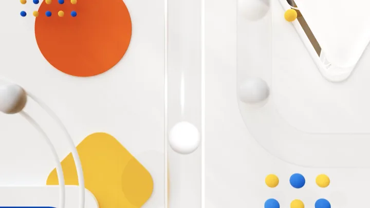 A white sphere dropping between colourful pegs and an orange disc