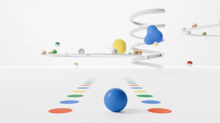 A blue sphere rolling between rows of coloured dashes