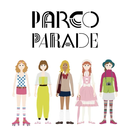 Title card: PARCO PARADE with five illustrated women in decade fashions