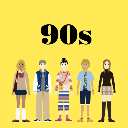 「90s」 — five illustrated 90s-style shoppers on yellow