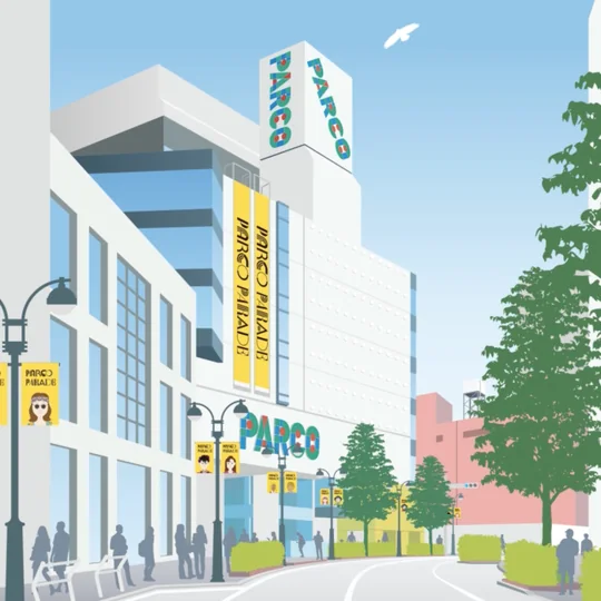 An illustrated PARCO department store on a sunny street