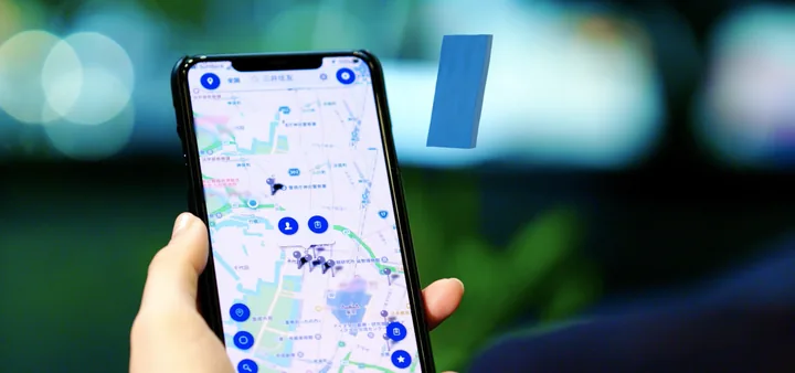 A hand holding a smartphone with a map app, SMFL mark floating beside it