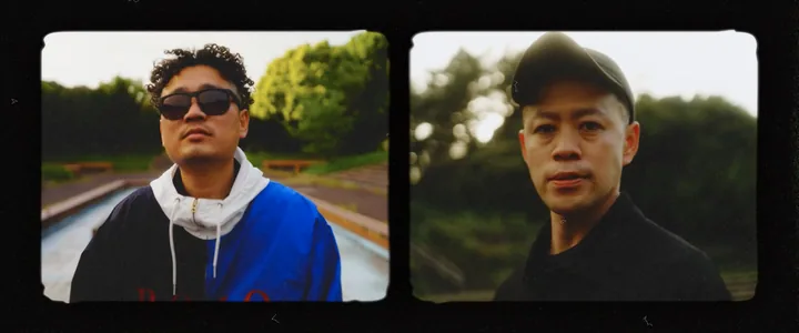 Two film-frame portraits, sunglasses and a cap
