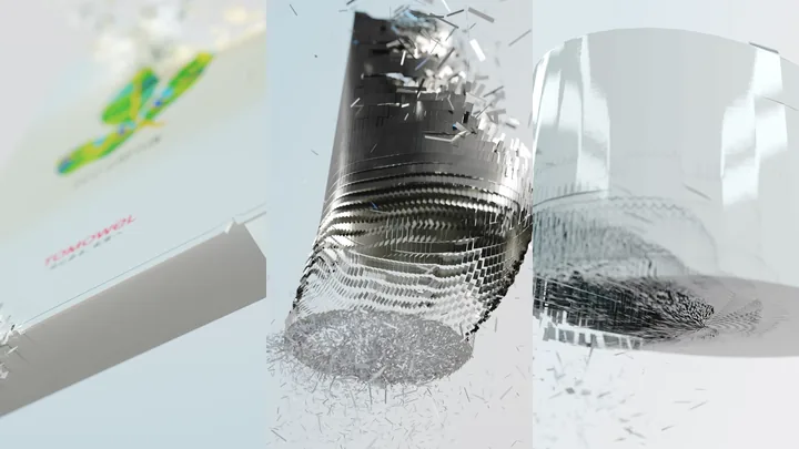 Printed packages breaking into fragments, in three panels