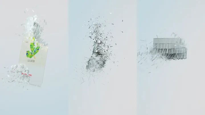 Printed packages dissolving into fragments, in three panels