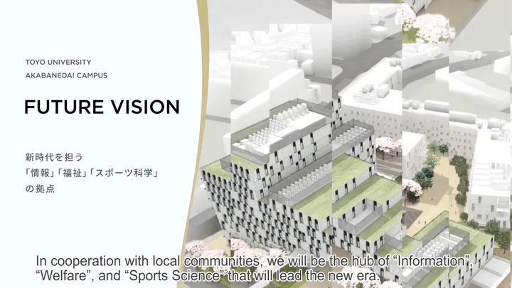 An architectural rendering of the new campus with the FUTURE VISION title